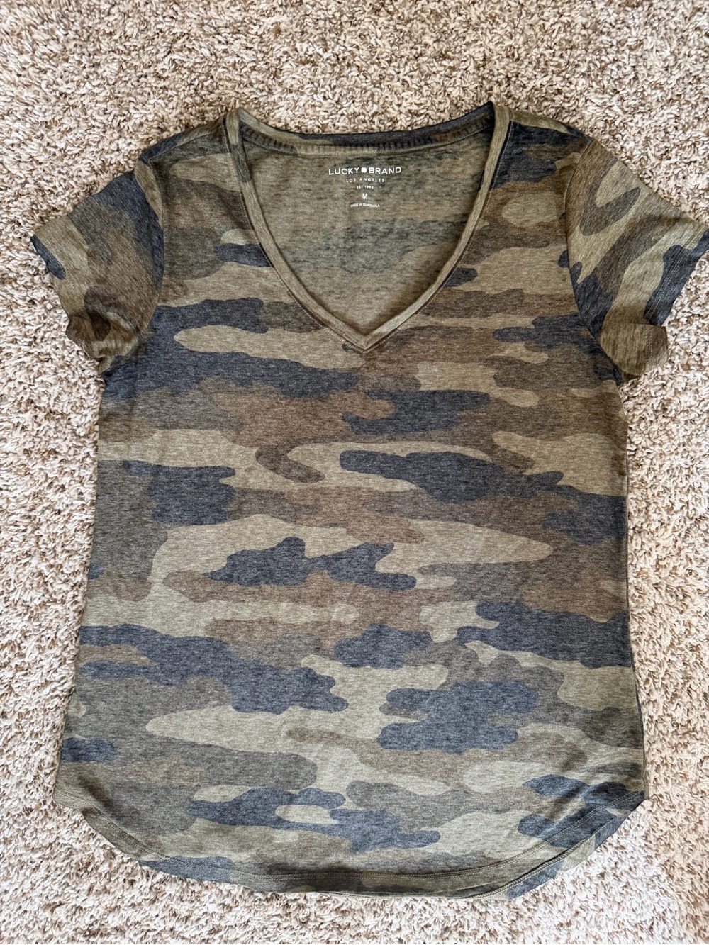 Lucky Brand Olive and Charcoal Camo V-Neck Tee